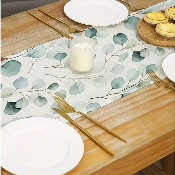 Table Runner 13x72in Linen Green Eucalyptus Leaves Stems - Picture 3 of 3